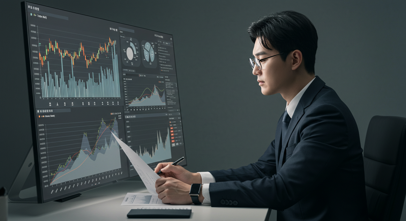 경제지표와 주식시장 흐름을 분석 중인 한국인 투자자