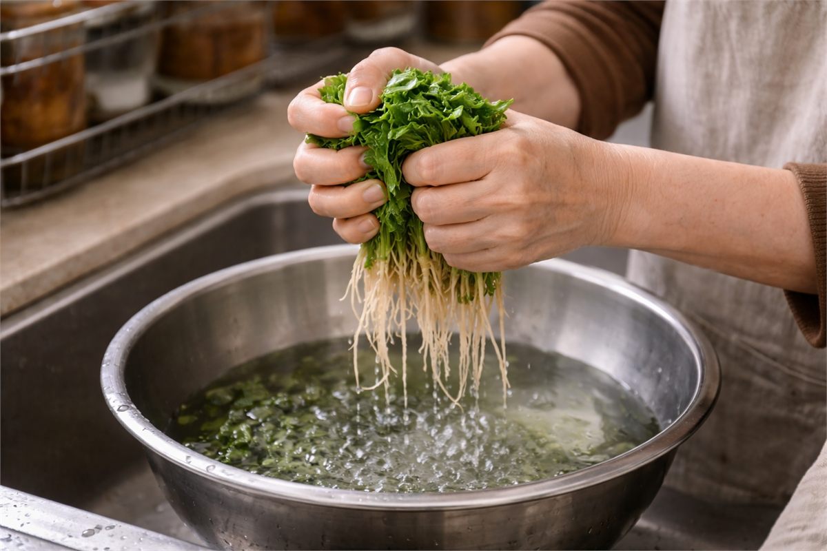 데친 냉이의 물기를 손으로 꼭 짜는 장면 