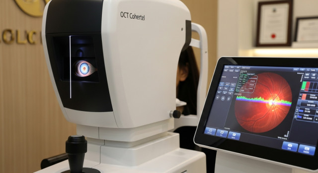 안과에서 망막 검사를 받는 한국 여성