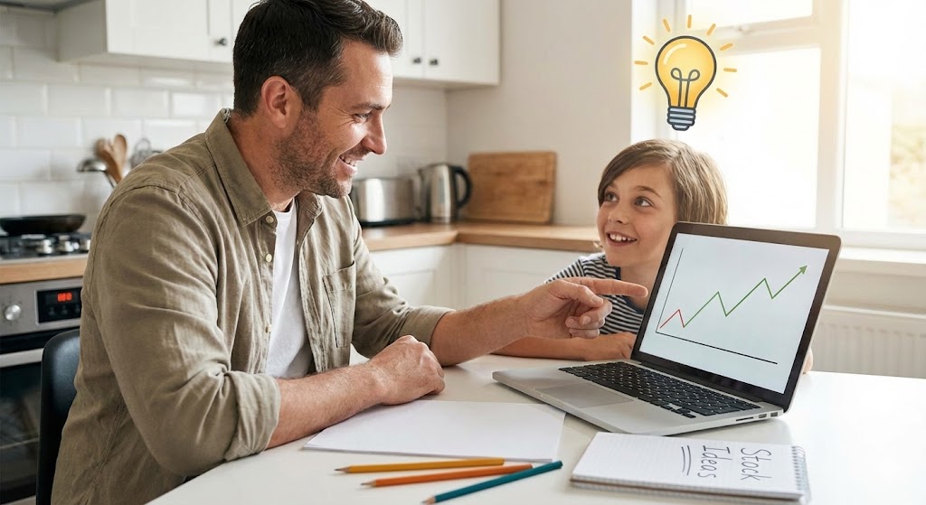 1살 아이에게 자신의 투자 기업(AMD, 코카콜라 등)을 쉽고 명확하게 설명하는 투자자의 모습