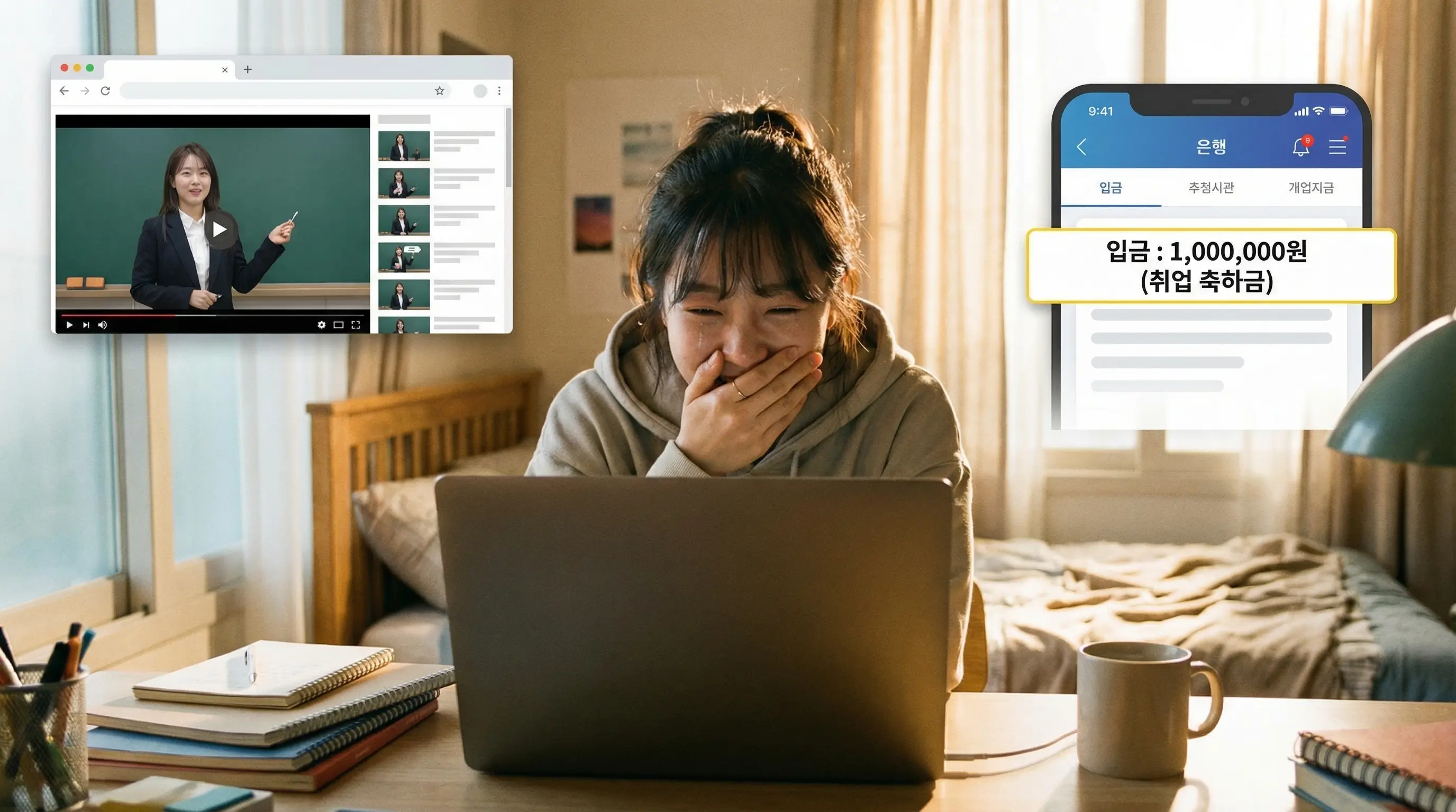 노트북 앞에서 온라인 강의를 들으며 통장 입금 내역을 확인하고 기뻐하는 취업 준비생의 모습