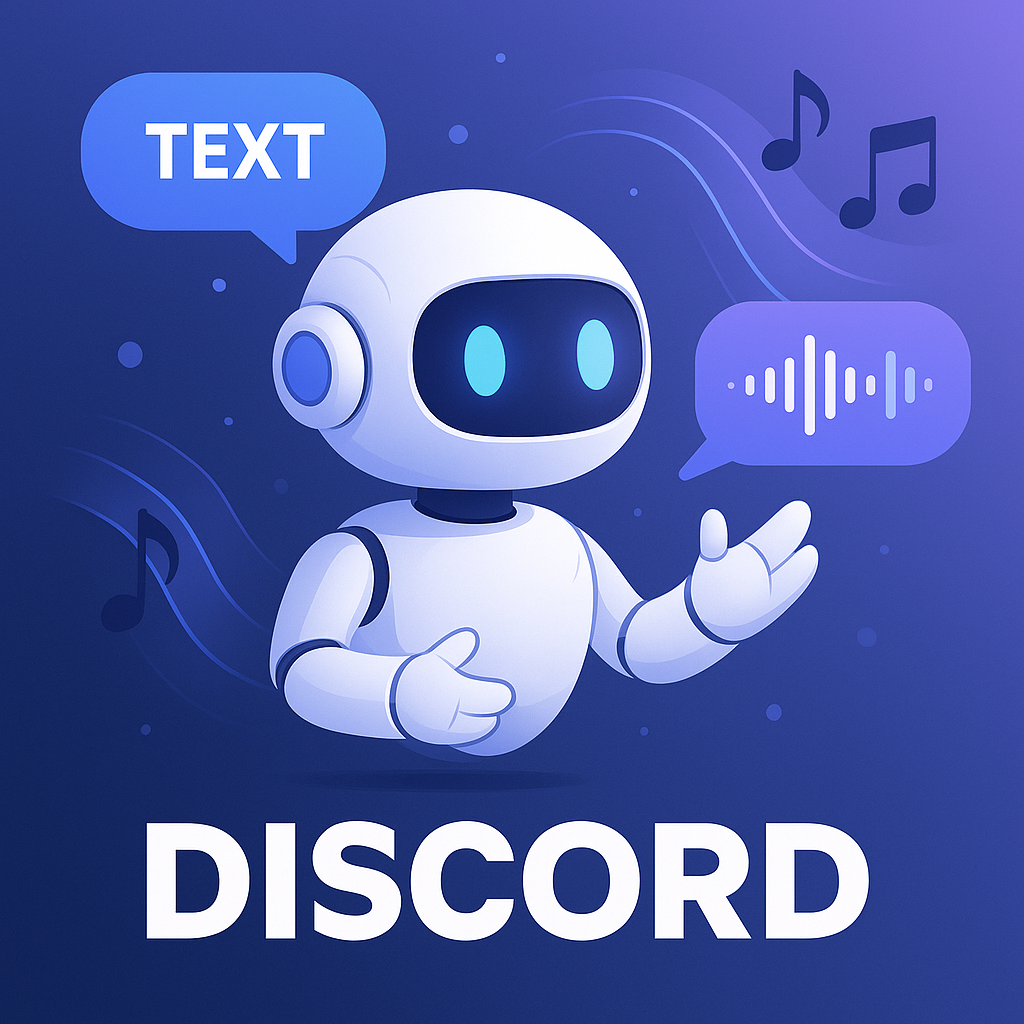 Discord TTS bot guide illustration showing text-to-speech conversion with modern AI character and sound waves