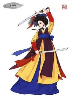 무당이-빨강-노항-갈색-파랑-화려한-옷을입고-칼춤을-추는-모습