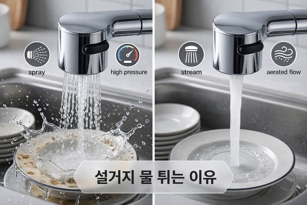 설거지 물 튀는 이유 샤워모드 직수모드 비교