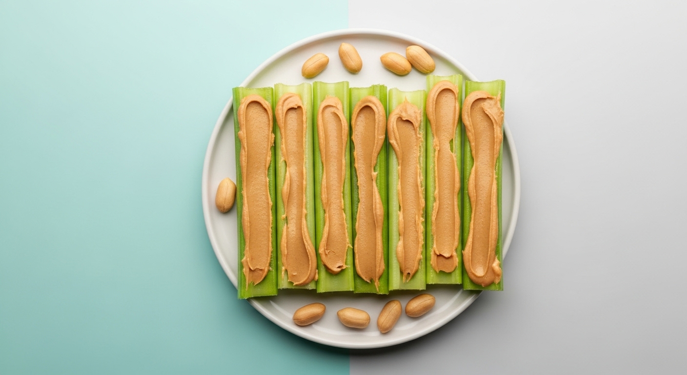 무설탕 땅콩버터를 바른 신선한 샐러리 스틱이 접시에 놓여 있는 모습