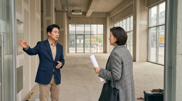 투자자와 중개사가 빈 점포를 확인하며 상가 수익률 조건을 점검하는 장면