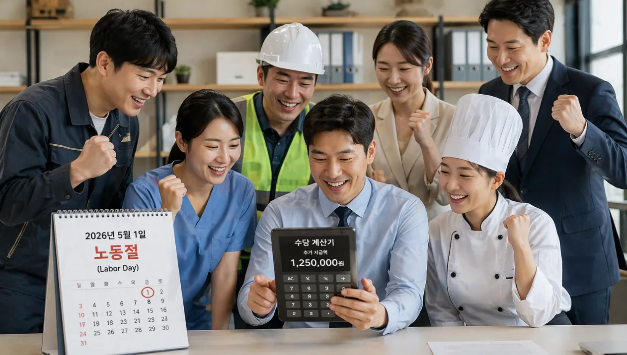 다양한 직업의 근로자들이 2026년 5월 1일 노동절 달력을 보며 수당 계산기를 통해 추가 급여를 확인하는 모습.