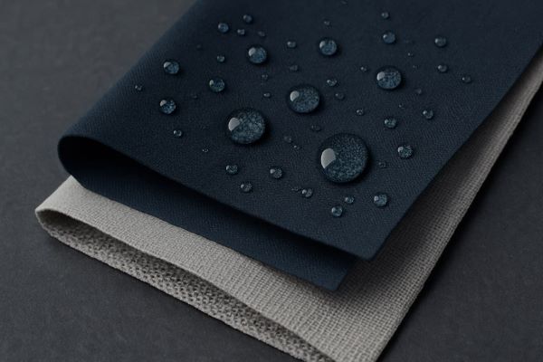 방수 원단의 겉감, 멤브레인, 안감을 층별로 보여주는 고해상도 클로즈업