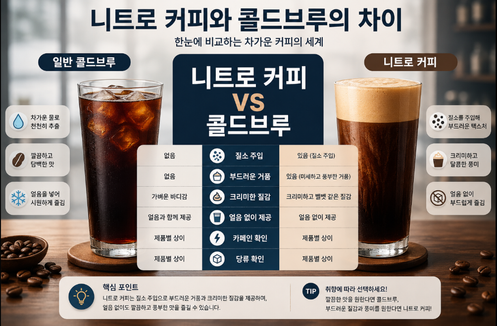 니트로 커피와 일반 콜드브루의 질감, 거품, 제공 방식 차이를 비교한 인포그래픽 이미지