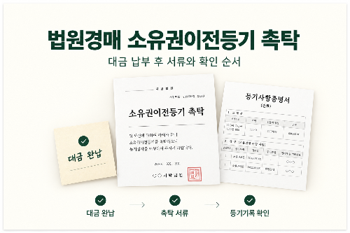 법원경매 대금 납부 후 소유권이전등기 촉탁 서류와 등기기록을 확인하는 모습
