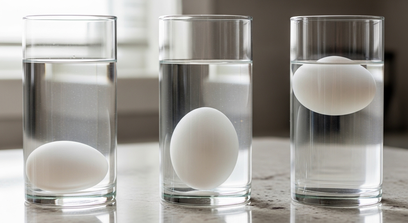 물에 가라앉은 신선한 계란과 물에 뜬 오래된 계란을 비교하여 신선도를 확인하는 부유 테스트 이미지.