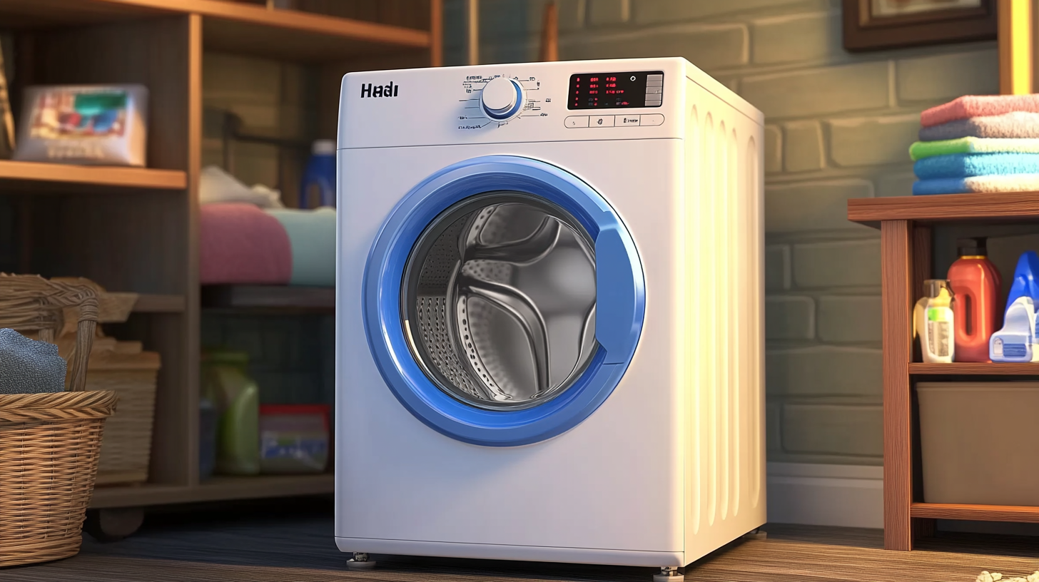 작은 도시형 스튜디오 아파트에 놓인 하이얼 마이크로 블루 세탁기, 작고 효율적인 디자인을 강조하는 장면.
