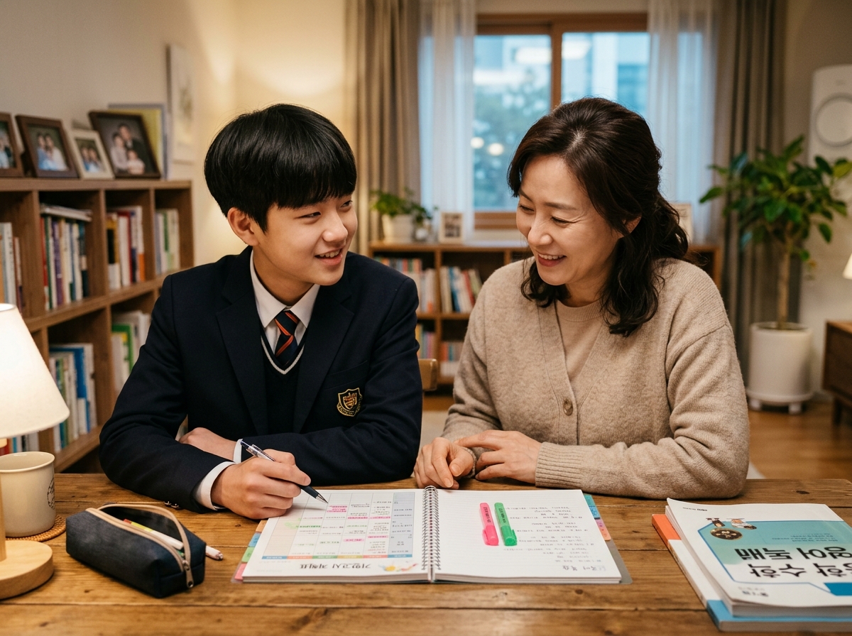 학부모와 학생이 함께 공부 계획을 이야기하는 장면