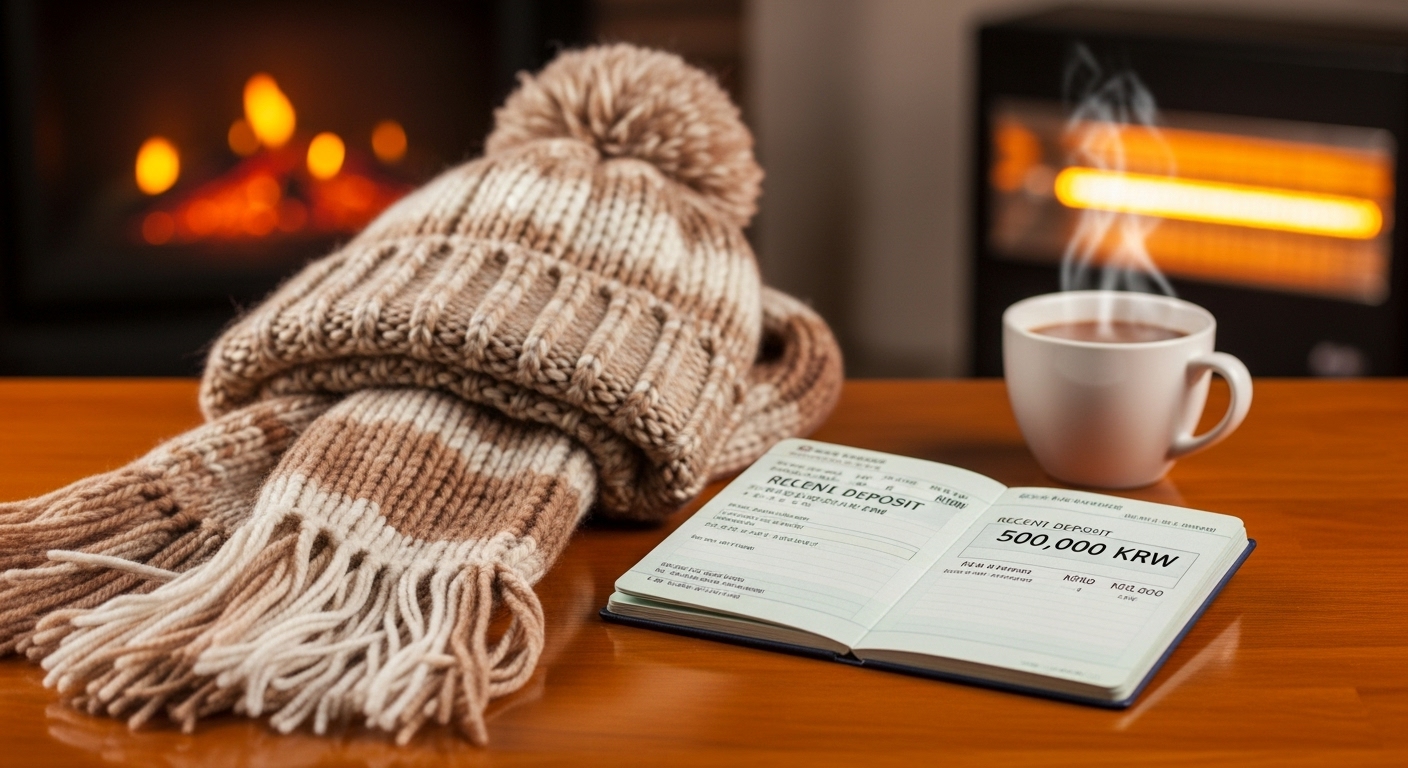 50만 원이 입금된 통장과 따뜻한 털모자, 목도리가 난로 옆에 놓여있는 따뜻한 풍경