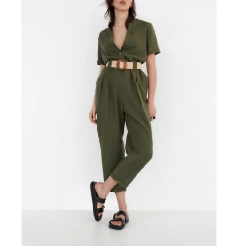 ZARA 여성 카키 점프수트 브이넥 슬리밍벨트 점프슈트