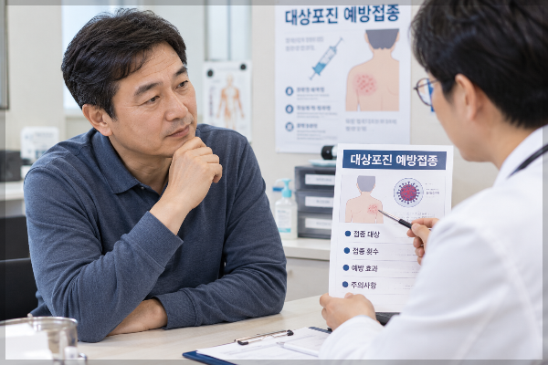 대상포진 예방접종 안내를 받으며 의료진과 상담하는 중년 남성