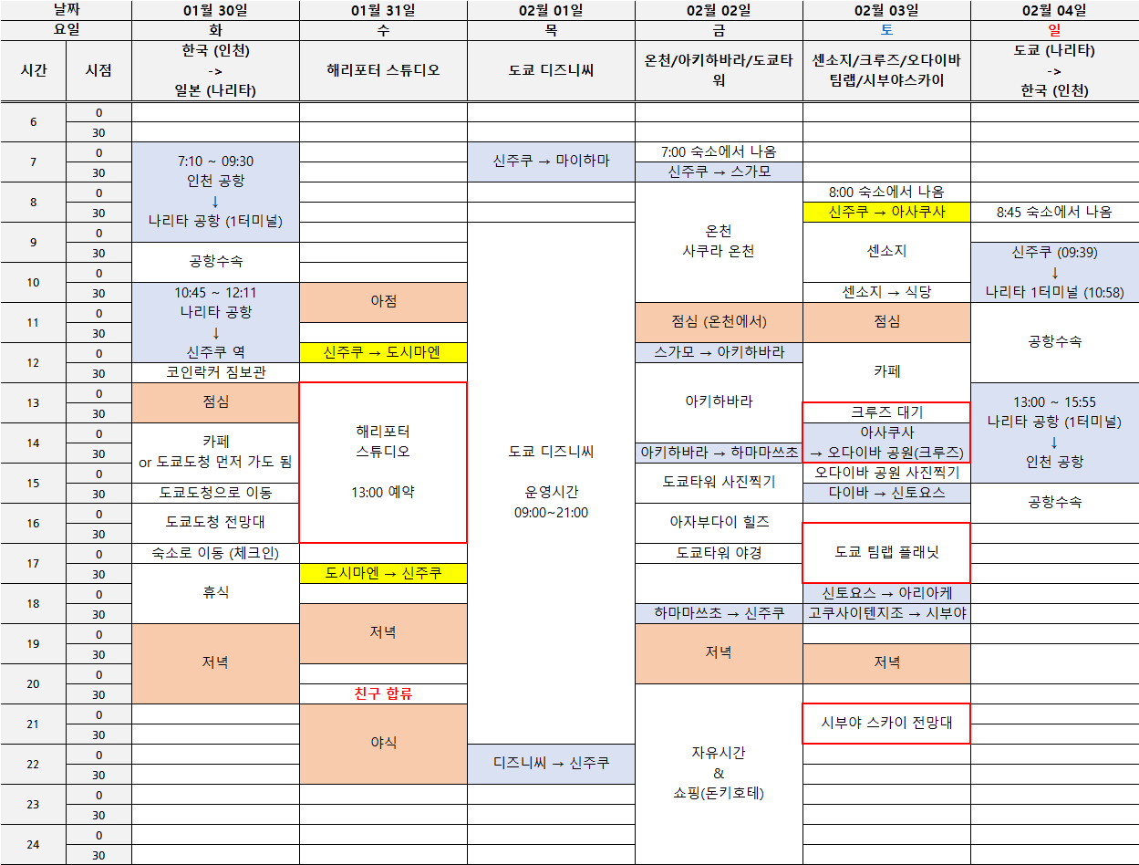 도쿄 5박6일 일정표