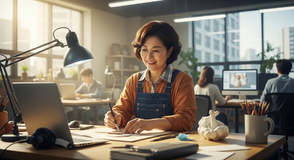 공방에서 작품을 만드는 중년 여성
