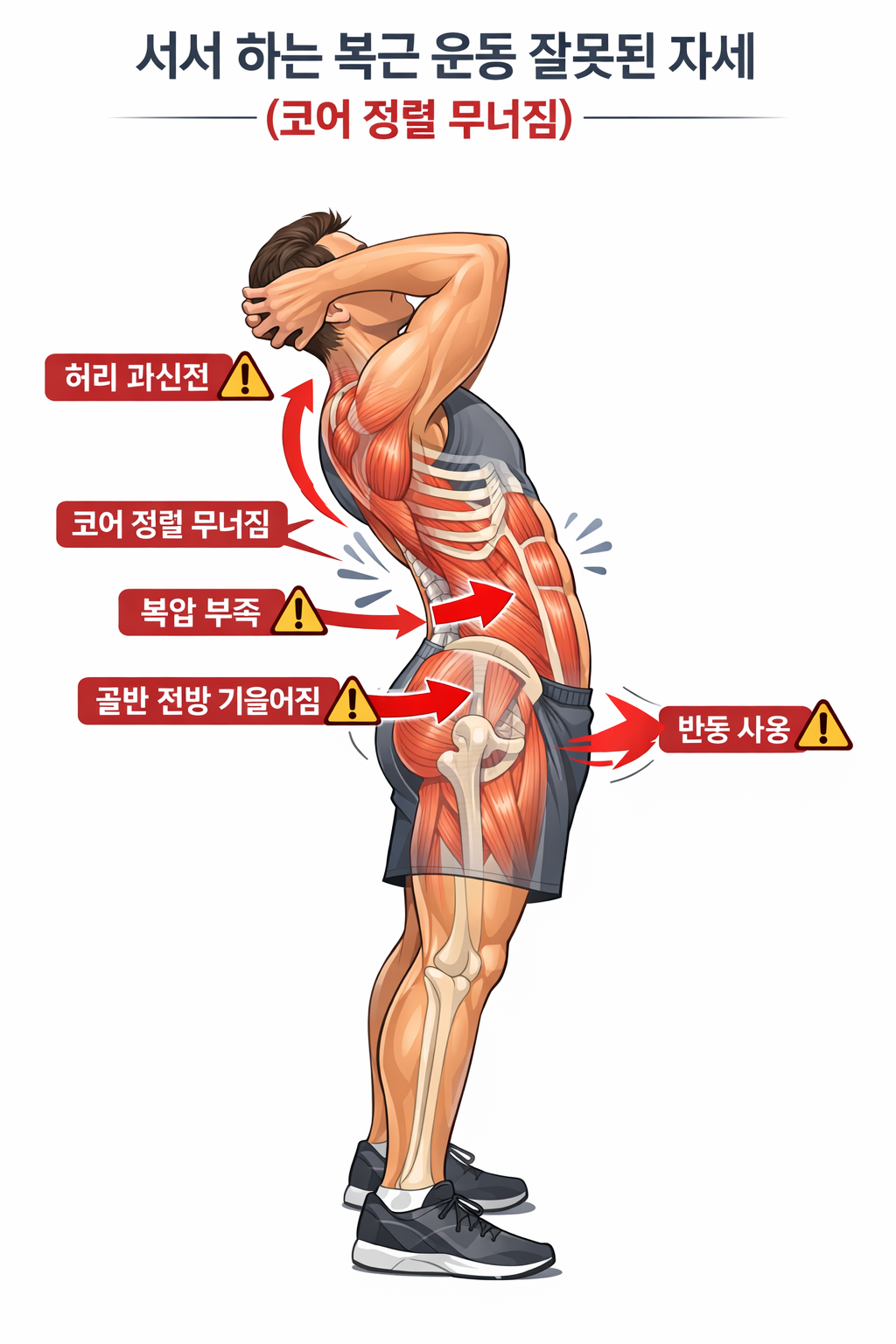서서 하는 복근 운동 잘못된 자세 코어 정렬 무너짐