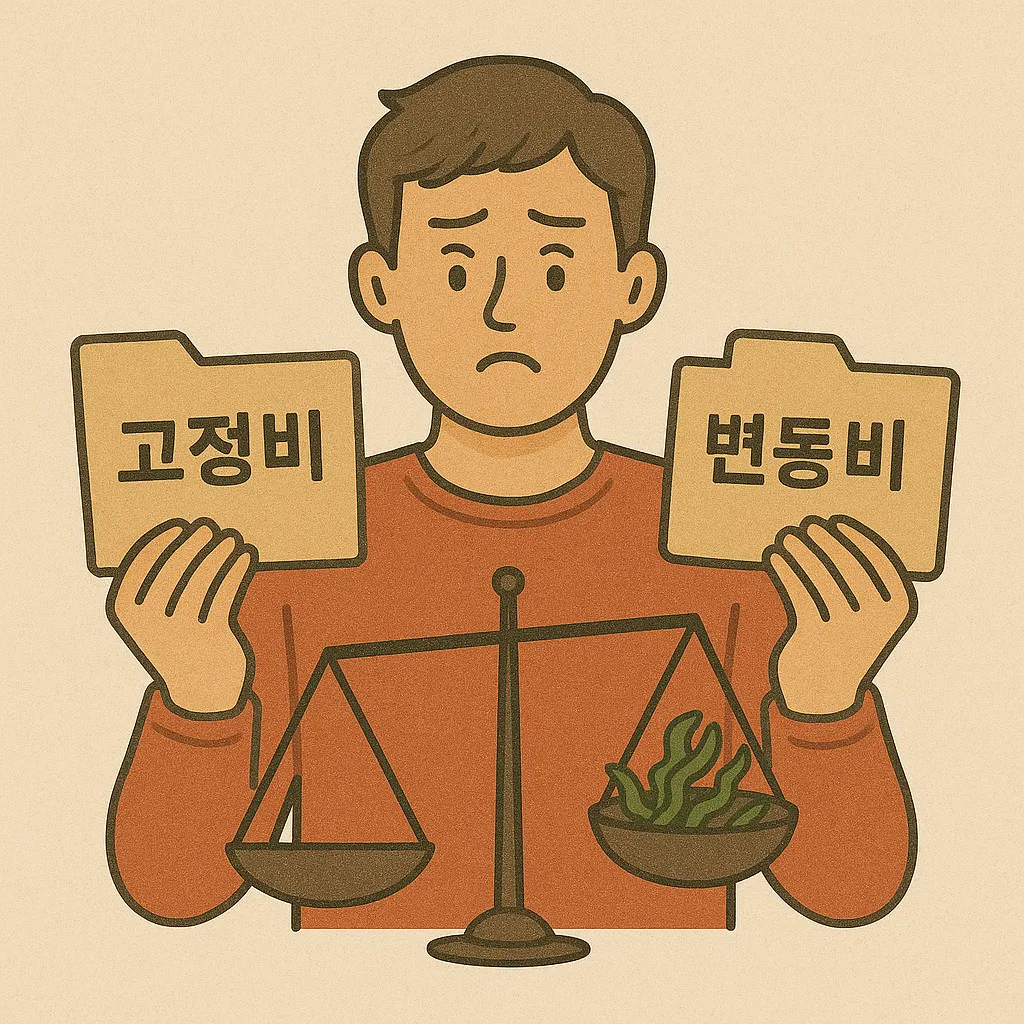 고정비와-변동비를-나눠-관리하는-개념을-표현한-일러스트로,-남성이-두-종류의-비용을-저울질하며-균형을-고민하는-모습을-따뜻한-톤으로-묘사함.