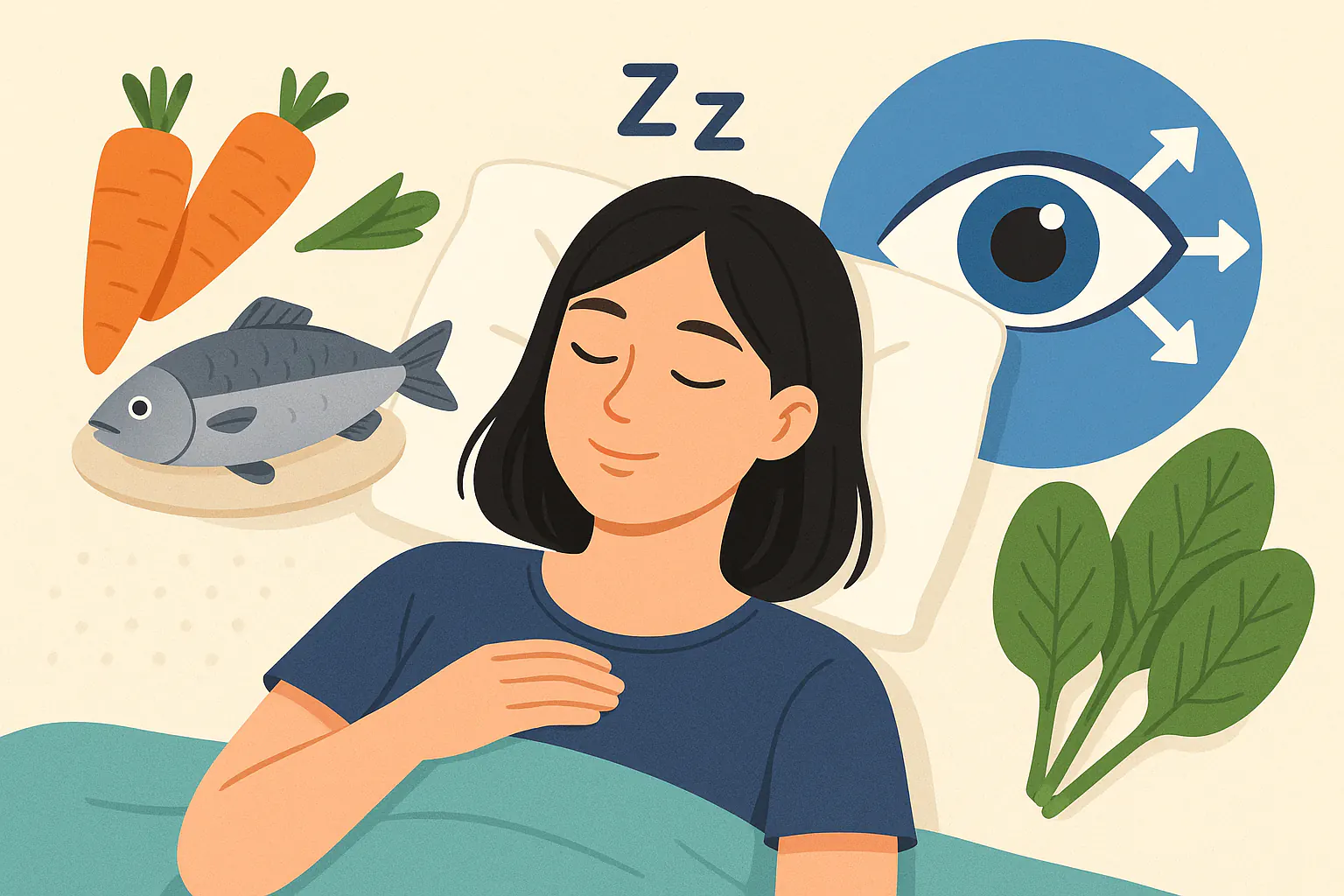 비타민 A·오메가-3·루테인이 포함된 식품(당근, 생선, 시금치)과 숙면을 취하는 사람의 모습, 눈이 회복되는 그래픽