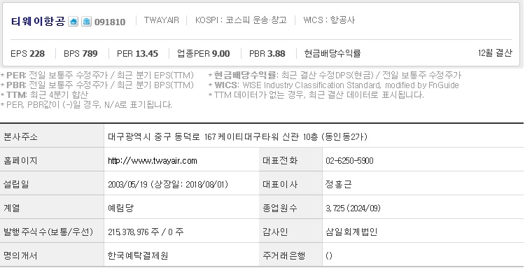 티웨이항공 주가 기업개요 (0121)