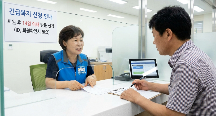 읍면동 주민센터 창구에서 복지 담당자와 긴급 돌봄 서비스를 상담받는 보호자의 모습