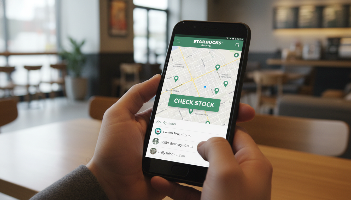 스마트폰으로 스타벅스 앱 실시간 재고 확인 기능을 사용하는 모습