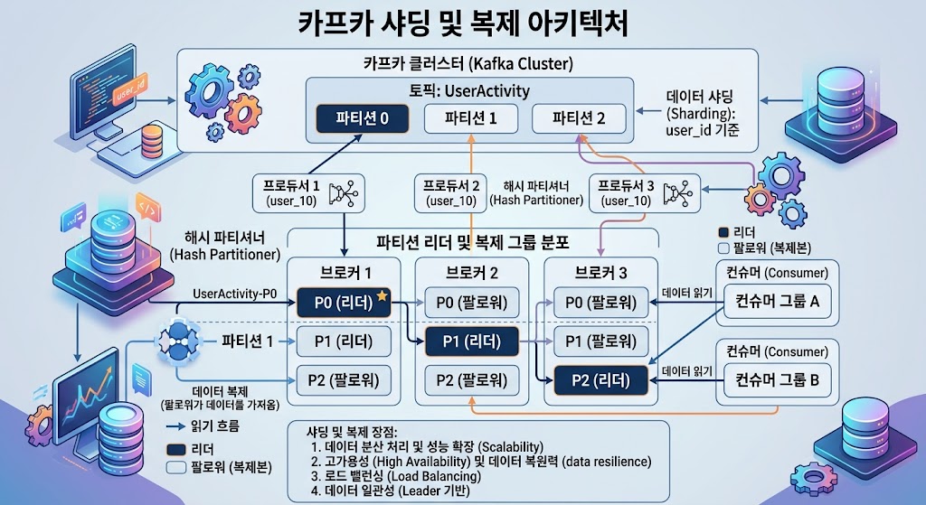 리더 파티션에서 쓰기 작업이 수행되고 팔로워 파티션이 이를 실시간으로 동기화하여 고가용성을 보장합니다.