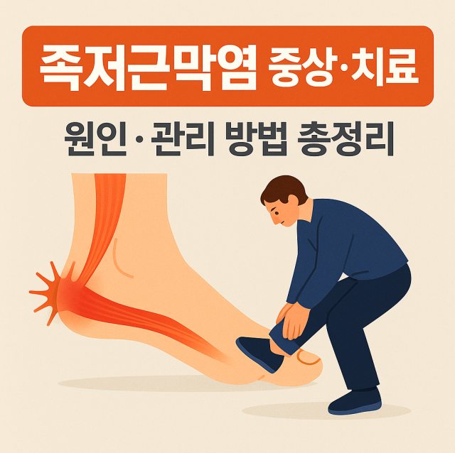 족저근막염의 증상과 원인, 치료 방법 및 관리법을 설명하는 대표 이미지로 발바닥 통증과 회복 과정을 강조한 그림