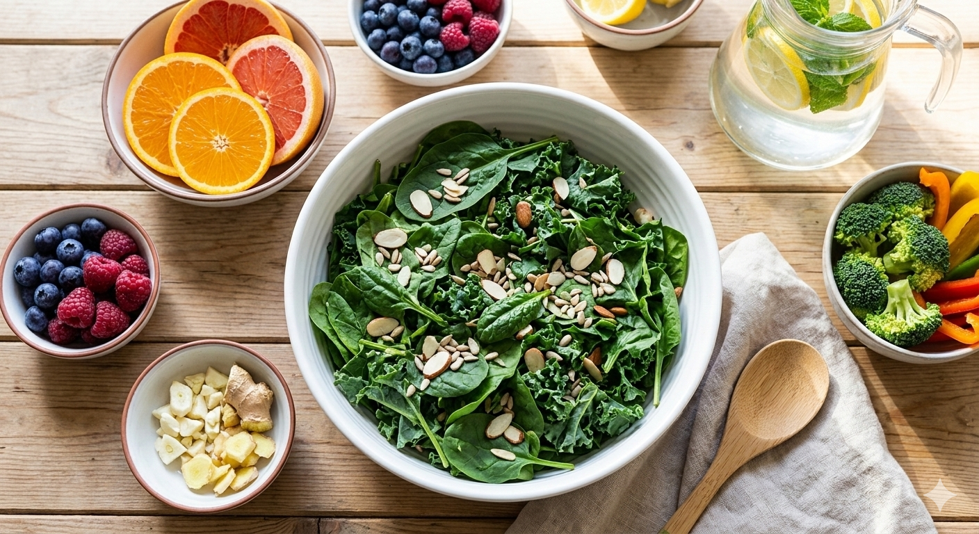 면역력 강화에 좋은 신선한 과일과 채소 건강 식단