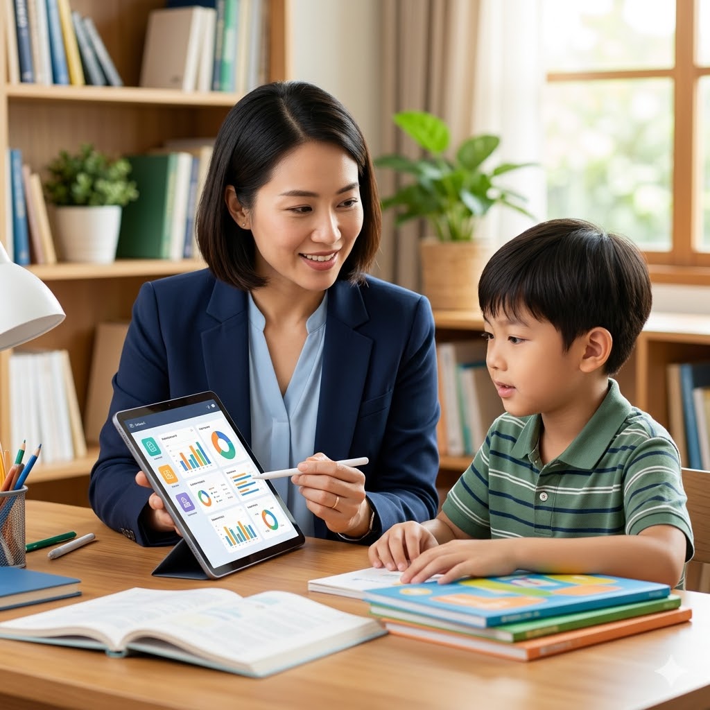 따뜻한 햇살이 드는 교육 전문가의 책상 위, 태블릿 PC의 AI 교육 대시보드 화면과 자격증 시험 관련 서류, 전문적인 펜이 가지런히 놓여 있는 깨끗하고 신뢰감 있는 풍경