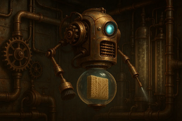 기어와 배관이 얽힌 증기펑크 배경 속, 브러시와 분사기를 장착한 청소 로봇이 유리구 안 필터를 세척하는 모습