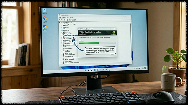 그래픽 드라이버 업데이트 화면이 표시된 Windows 컴퓨터