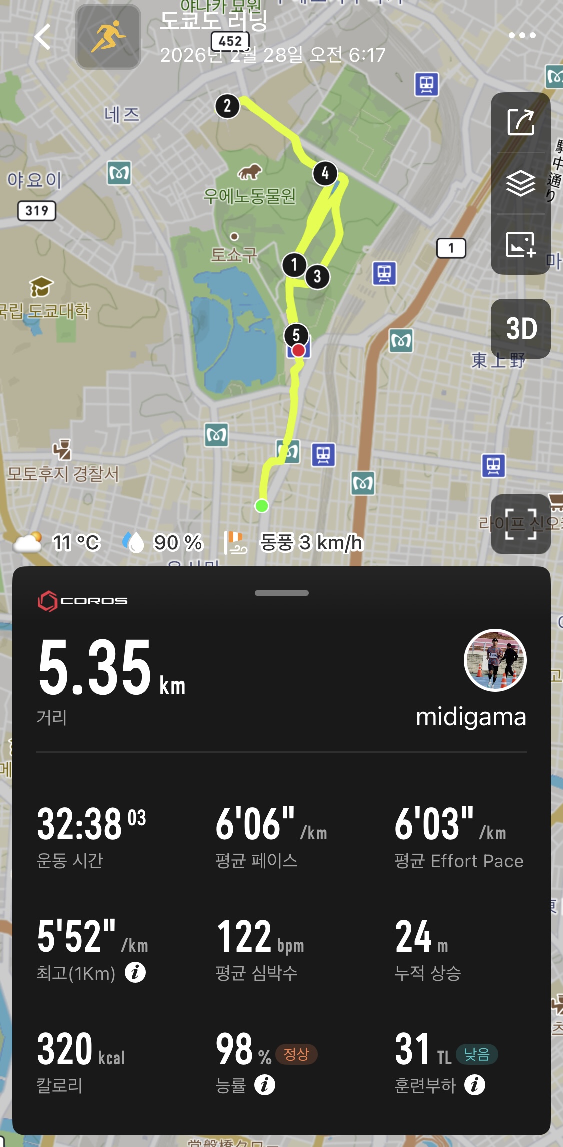 도쿄마라톤 우에노공원 조깅