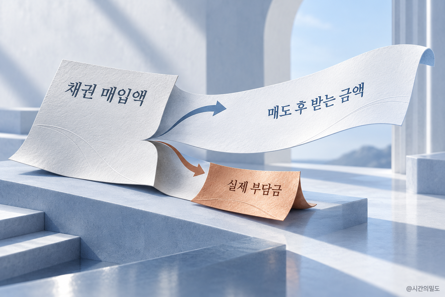 채권매입액과 매도 후 돌려받는 돈 및 남는 부담을 나누어 표현한 입체 설명 그림
