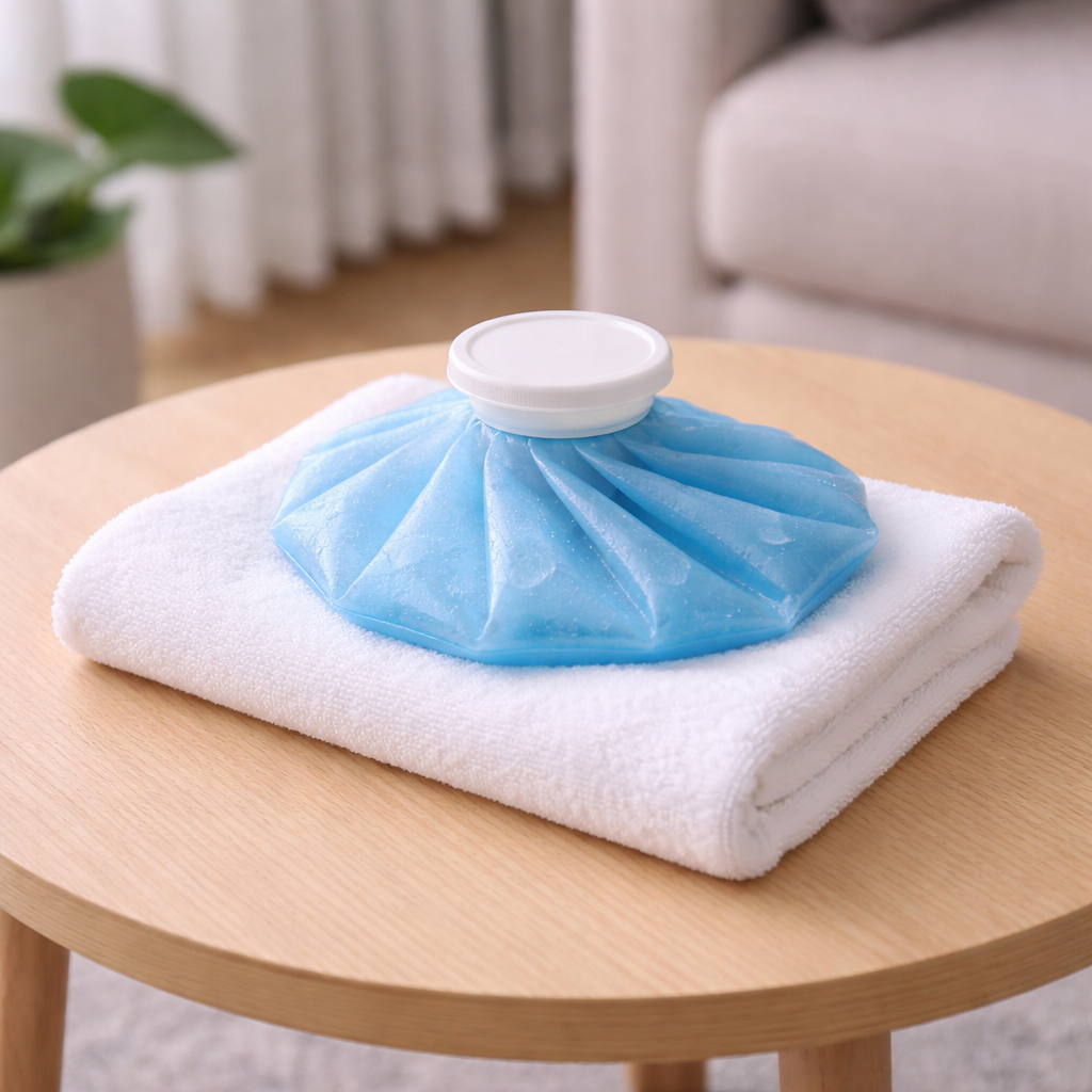 통풍 발작 시 통증 완화를 위해 휴식과 냉찜질을 고려하는 상황을 상징한 이미지