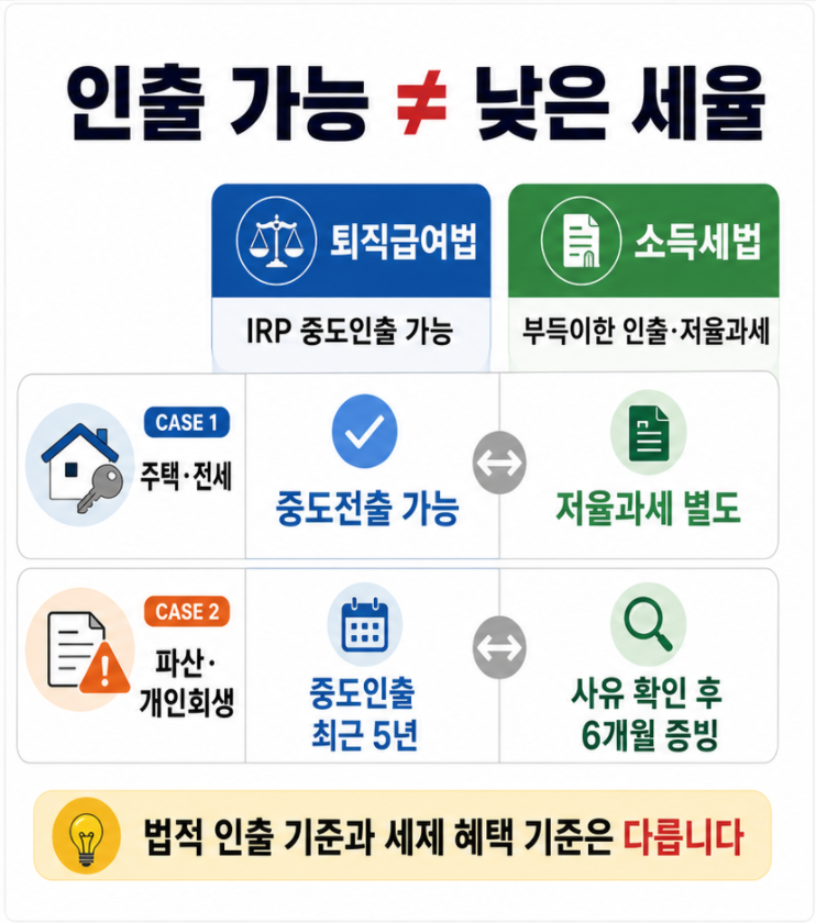 IRP 중도인출 가능 여부와 세법상 저율과세 요건 비교