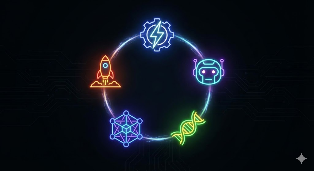 AI 전력, 로봇, 바이오, 양자컴퓨터, 우주선을 상징하는 5개의 미래적인 아이콘이 빛나는 모습