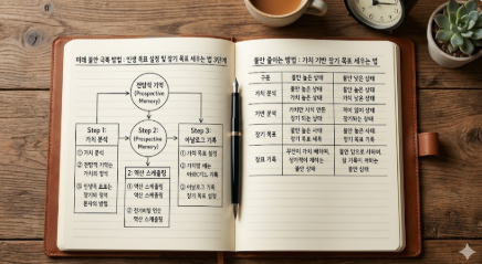 미래 불안 극복 방법과 인생 목표 설정 방법을 위해 '전망적 기억'과 '만족자' 전략, '역산 스케줄링' 개념을 도표로 정리한 집중 노트와 아날로그 시계 사진