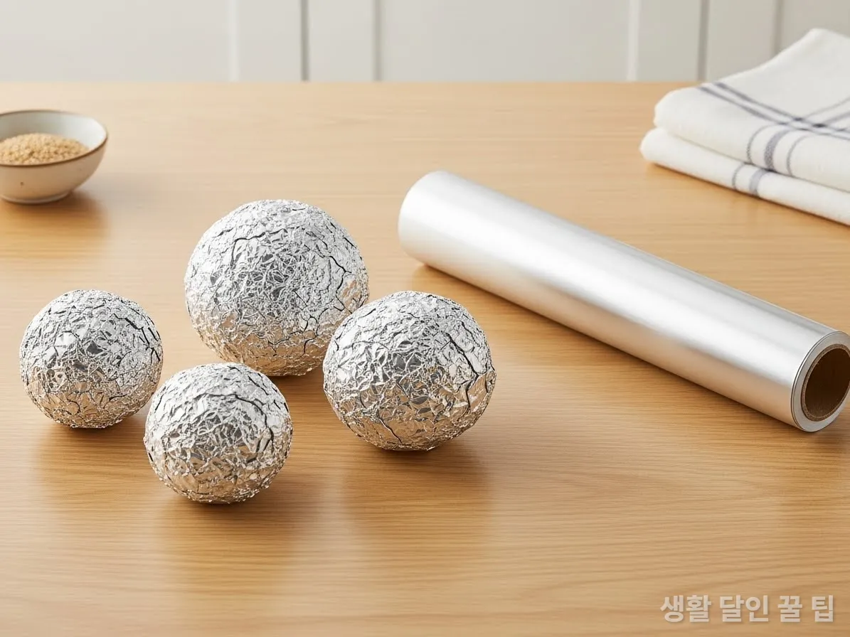 주방 테이블 위에 놓인 쿠킹 호일로 만든 정전기 방지용 호일 볼