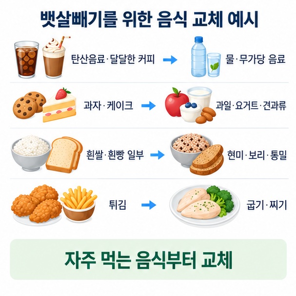 가당음료 과자 케이크 튀김 흰빵 흰쌀을 줄이고 물 통곡물 구이와 찜으로 바꾸는 뱃살 식단 교체 방법 이미지