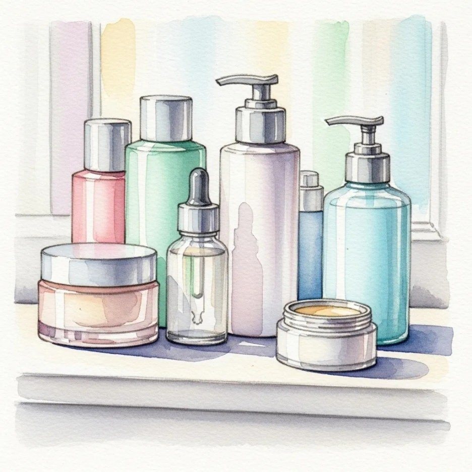 화장대 위에 놓인 여러 가지 화장품 용기