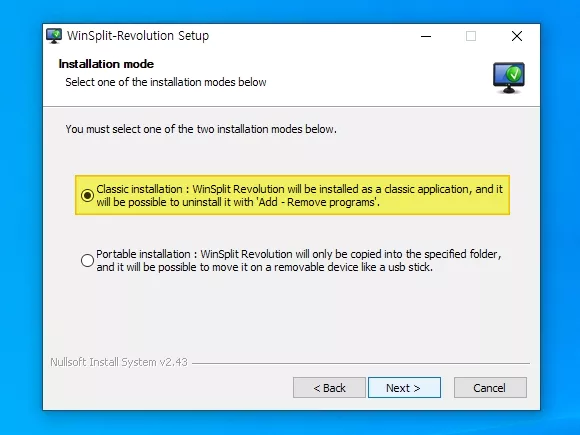설치 모드(Installation mode) 선택 단계에서 기본 설치(Classic installation) 선택