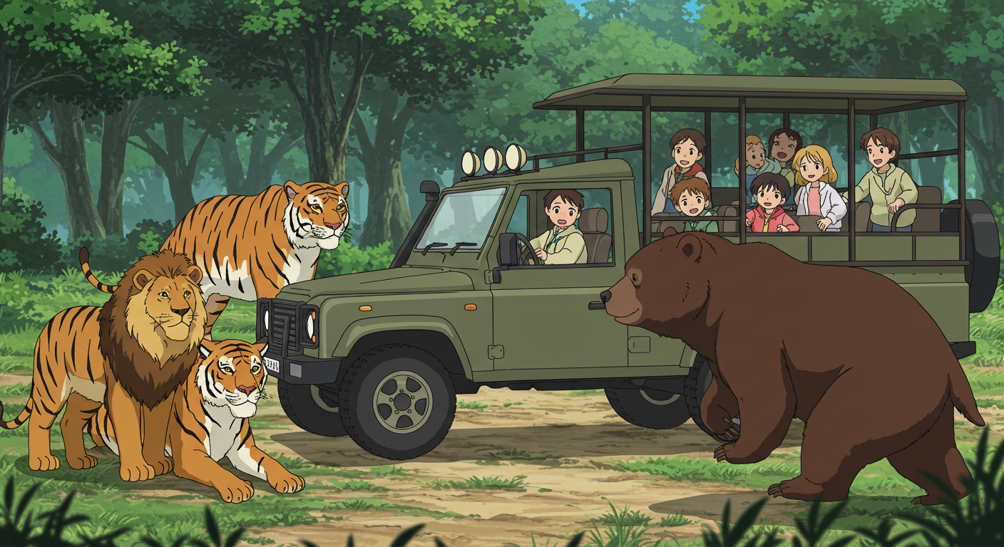 스페셜 투어 차량 옆에서 맹수를 만나는 장면