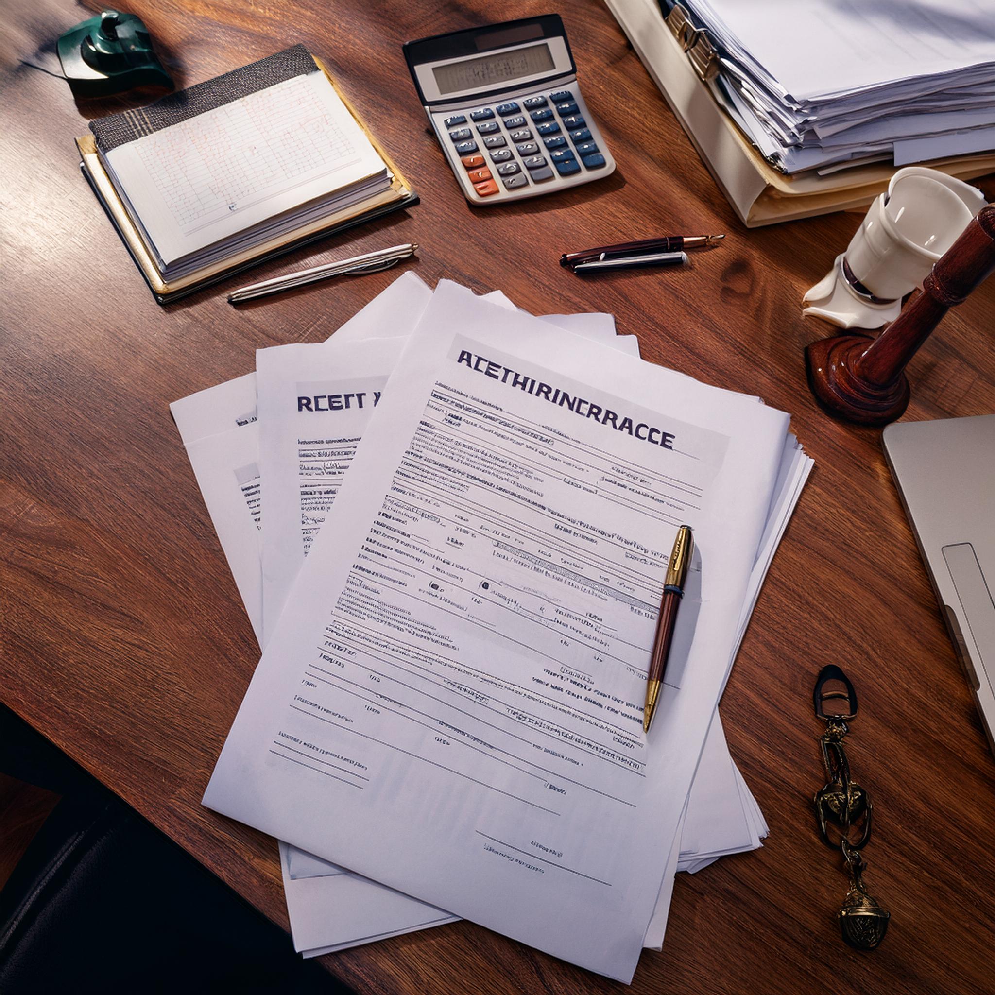 "재산세"와 "상속 부채"라는 문구가 적힌 서류가 책상 위에 놓인 변호사 사무실 풍경.