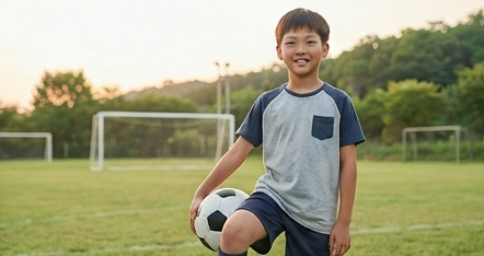 아들이 축구공을 앞에 두고 씩씩하게 웃는 모습