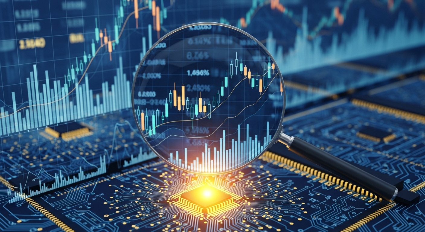 A close-up of a digital magnifying glass hovering over complex financial data charts and circuit patterns. One specific circuit node is glowing brighter than others, symbolizing a hidden gem stock. Sharp focus, technological, analytical, blue and gold color palette.