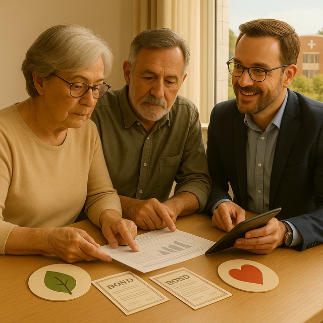 밝은 상담실에서 고령 부부가 재무상담가와 함께 포트폴리오를 검토
