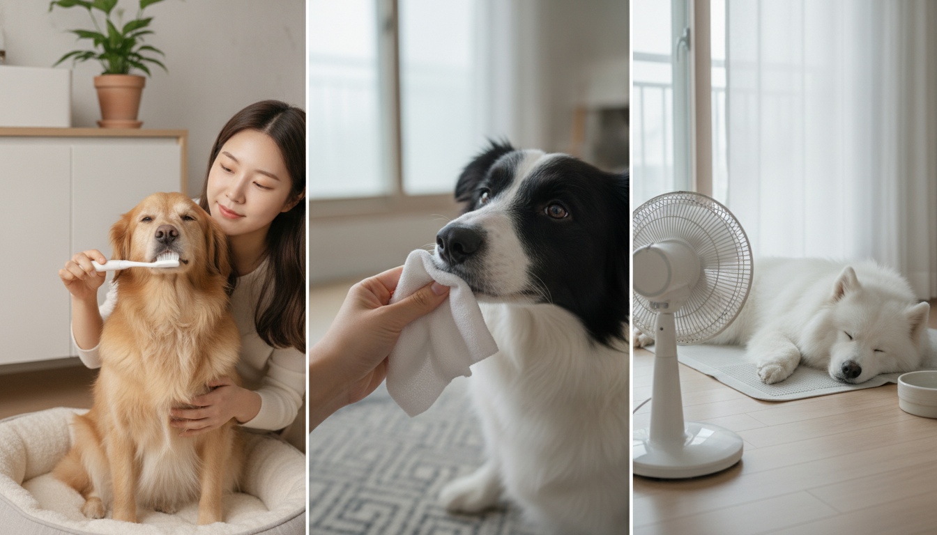 강아지 양치질, 입 주변 닦아주기, 시원한 환경 제공 등 침 흘림 관리법을 보여주는 이미지.